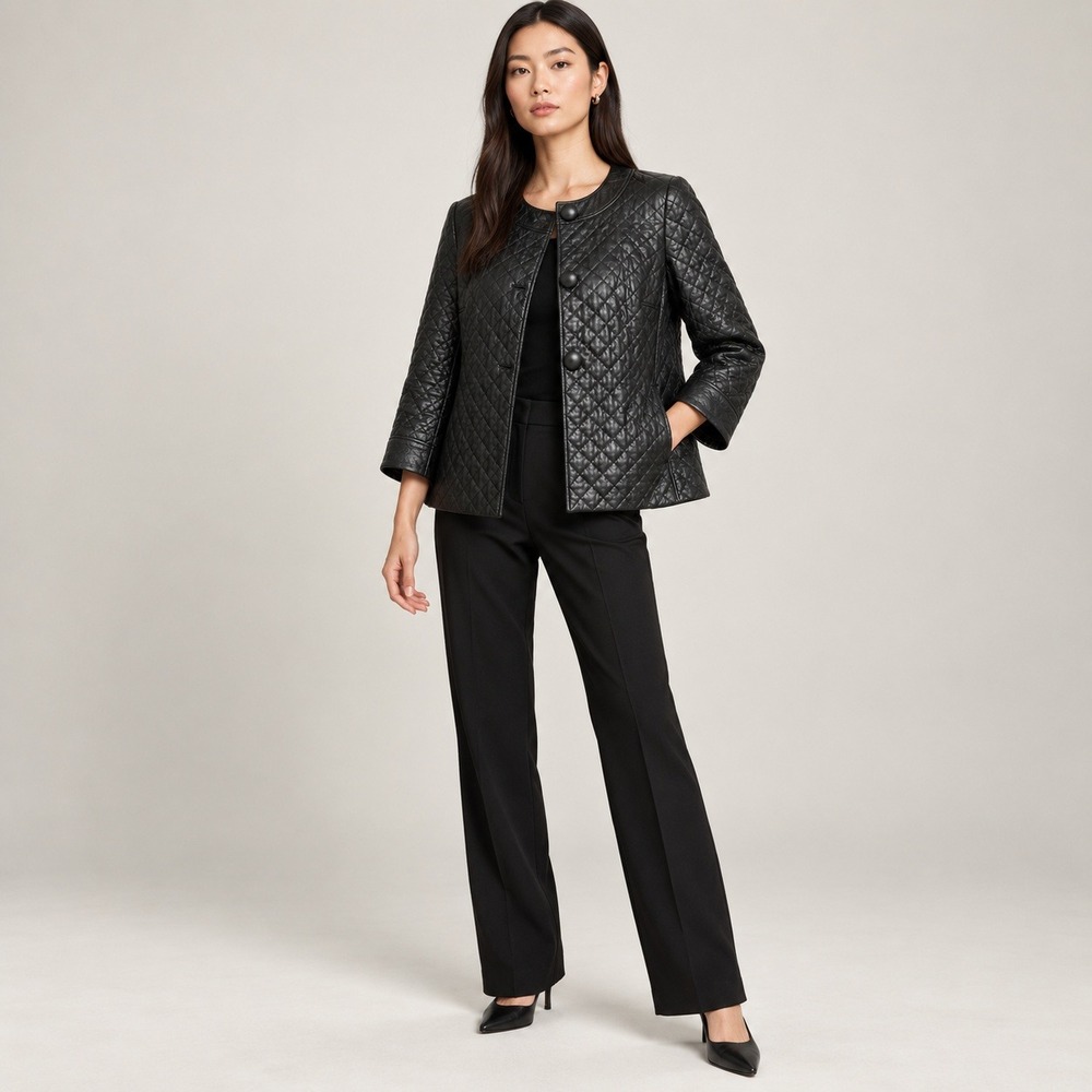 Vince Womens Cropped Swing Jacket Black Diamond Quilted Leather Workwear 4